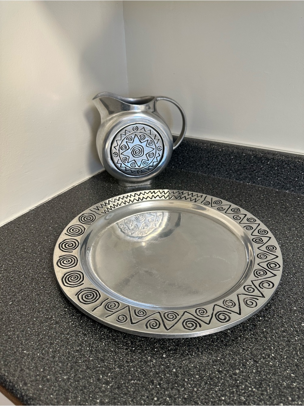 Decorative Pewter Pitcher and Serving Platter - Silver Tone with Black Accents